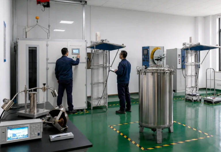 Engineers checking an IEC 60529 waterproof test system in a professional laboratory testing environment.