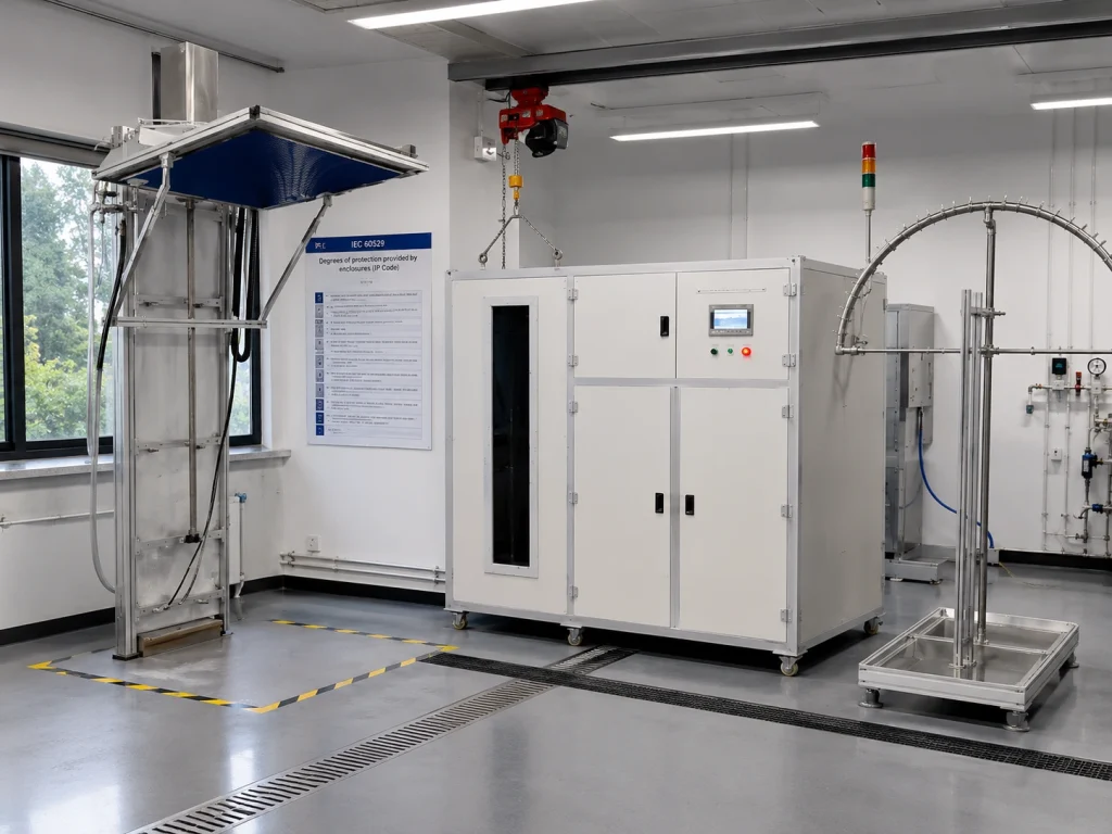 IEC 60529 IPX1–IPX8 Waterproof Test System and Safety Testing Equipment Delivered to Eurofins E&E North America 2 IEC 60529 IPX1–IPX8 waterproof test laboratory setup with drip box, control cabinet, and oscillating tube system.
