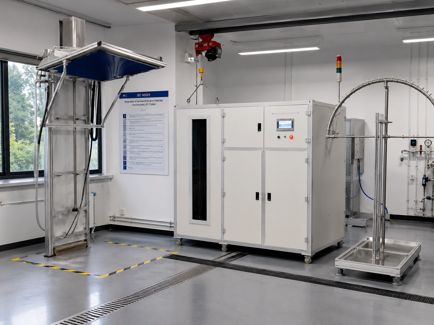 IEC 60529 IPX1–IPX8 waterproof test laboratory setup with drip box, control cabinet, and oscillating tube system.