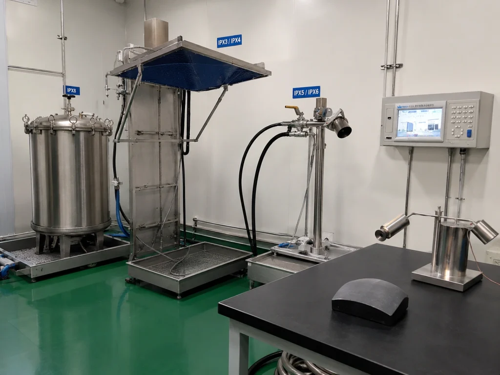 IEC 60529 IPX1–IPX8 Waterproof Test System and Safety Testing Equipment Delivered to Eurofins E&E North America 3 Waterproof testing equipment setup including IPX8 pressure vessel, IPX3/IPX4 spray test area, and IPX5/IPX6 hose nozzle station.