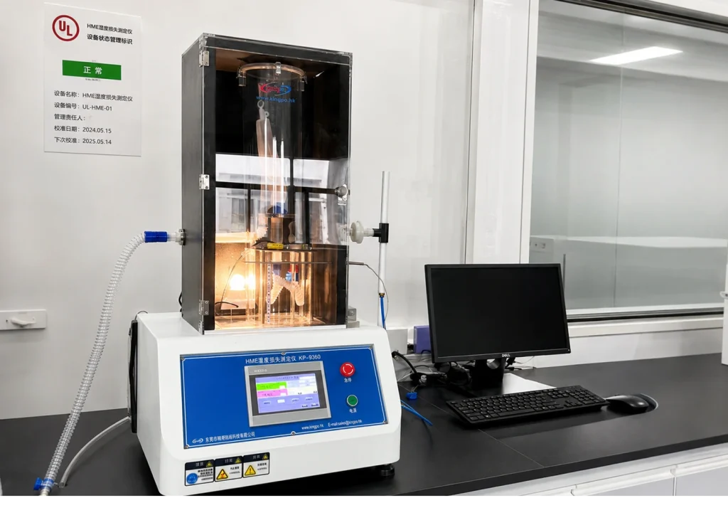 HME Moisture Loss Measurement System Delivered to UL Solutions Suzhou Laborator 2 HME Moisture Loss Measurement System in a laboratory setting for respiratory device moisture loss testing according to YY/T 0735.1 and ISO 9360-1.
