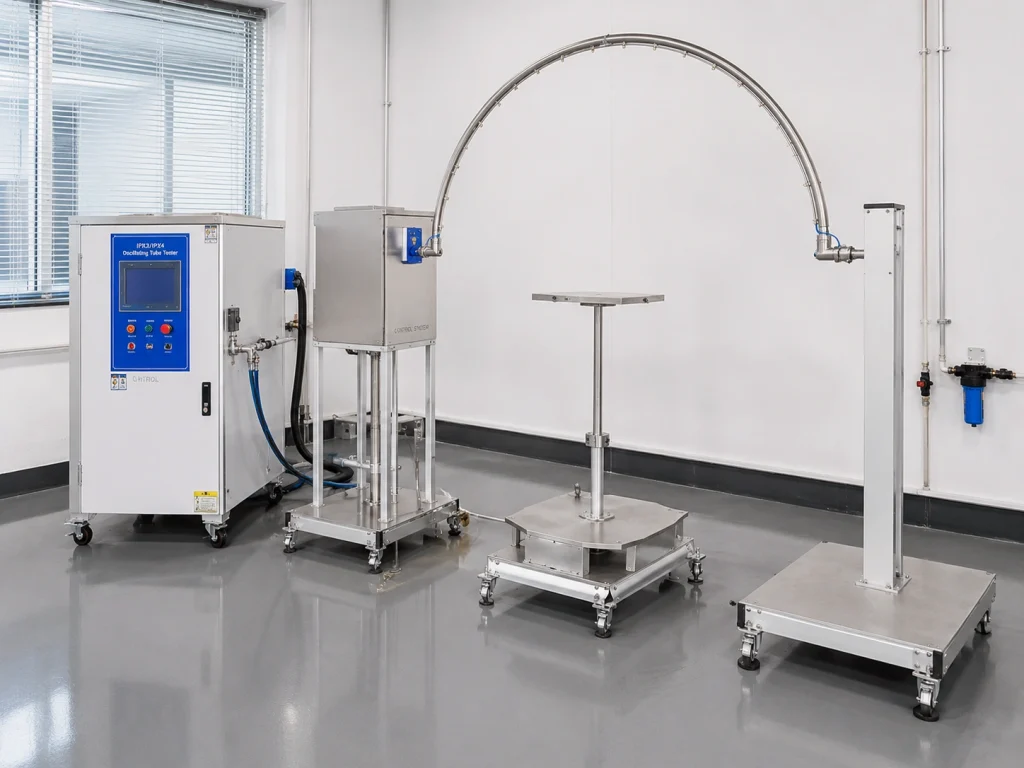 IEC 60529 IPX3/IPX4 Tester Delivered to SGS Fimko Ltd in Finland 2 IEC 60529 IPX3/IPX4 oscillating tube tester laboratory setup with control cabinet, sample platform, and stainless steel spray arc.