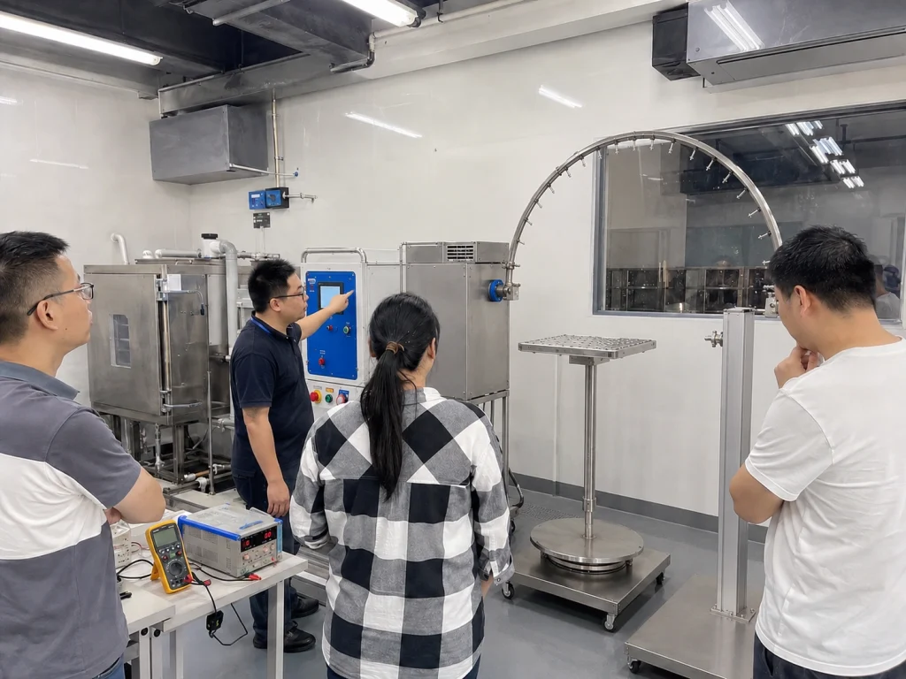 IEC 60529 IPX3/IPX4 Tester Delivered to SGS Fimko Ltd in Finland 1 Engineers discussing an IEC 60529 IPX3/IPX4 oscillating tube tester in a laboratory training and equipment demonstration scene.