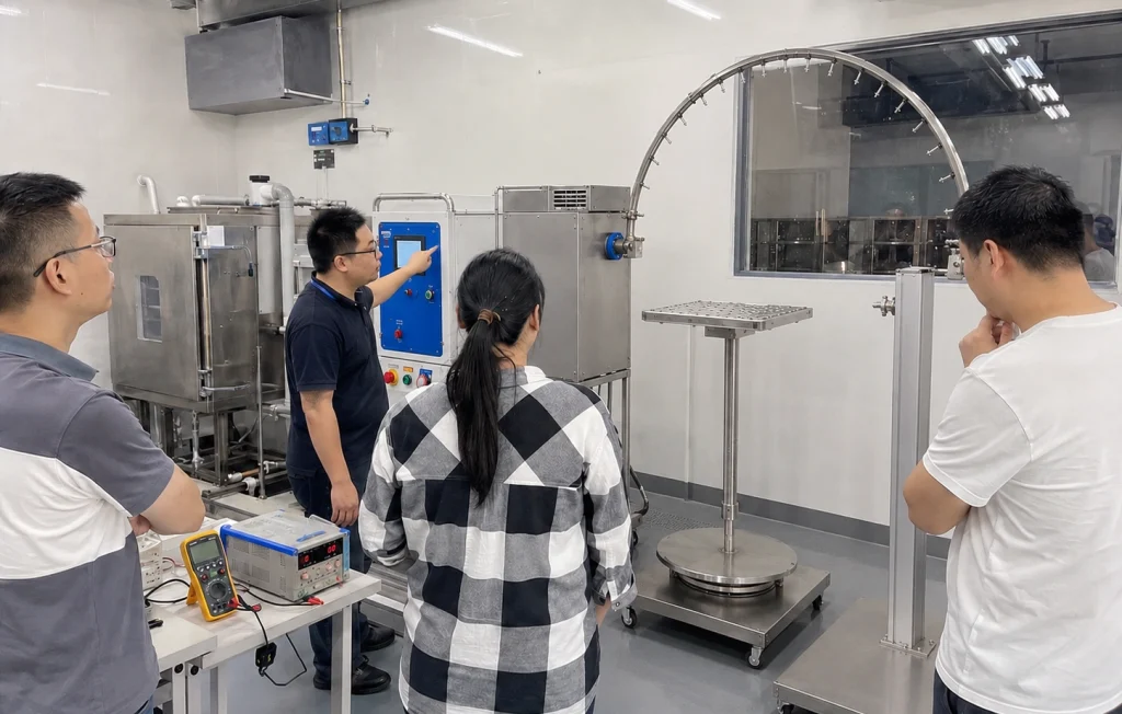 Engineers discussing an IEC 60529 IPX3/IPX4 oscillating tube tester in a laboratory training and equipment demonstration scene.