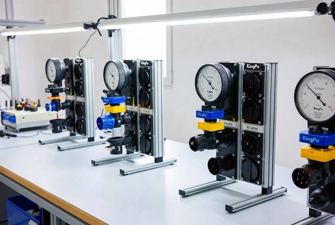 KingPo IEC 60309 compliance gauges used for industrial connector safety testing in professional laboratory.