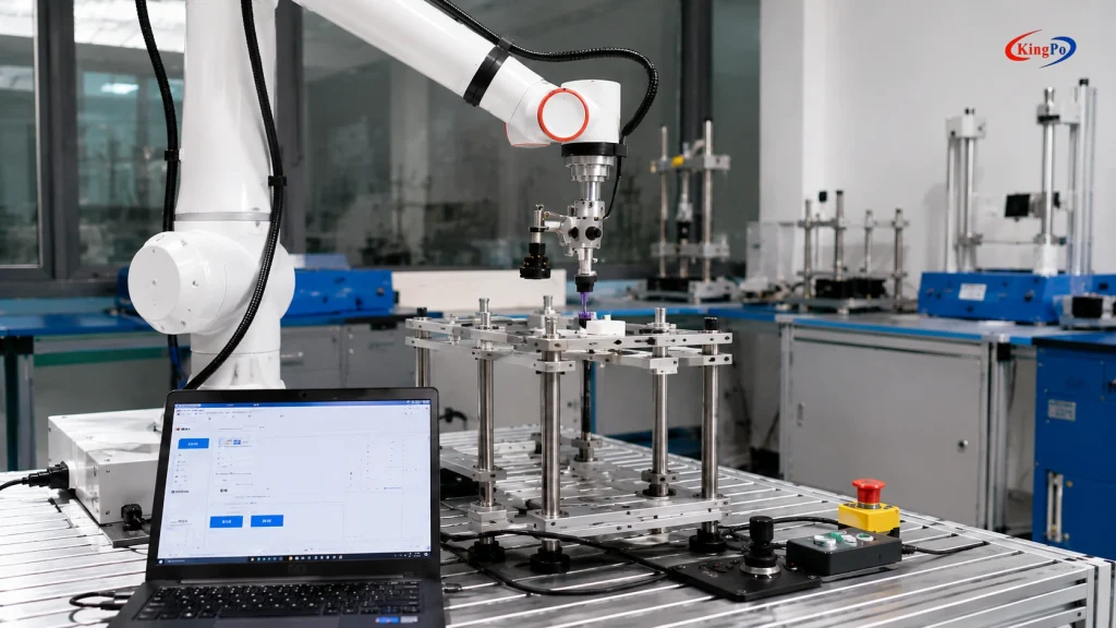 Close-up of a Medical Device Robotic Reliability Testing System with robotic arm, test fixture, control laptop and emergency stop button.