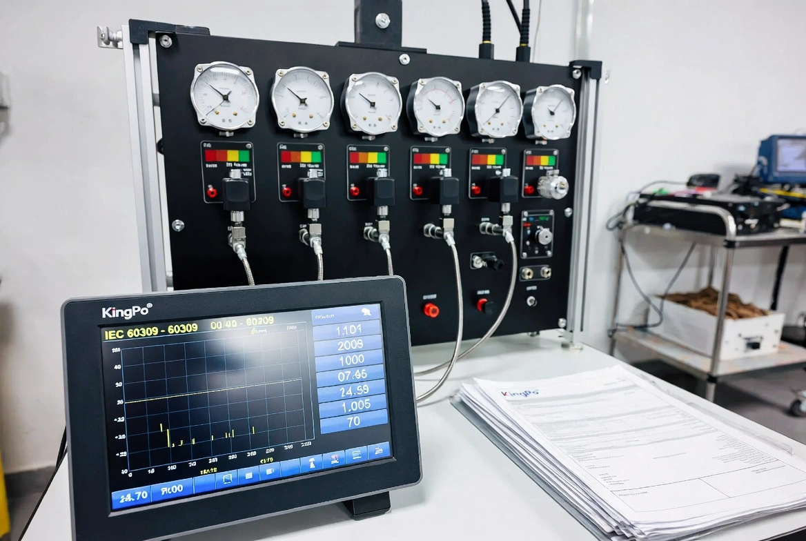 KingPo IEC 60309 compliance gauges with digital data monitoring and certification records in professional lab.