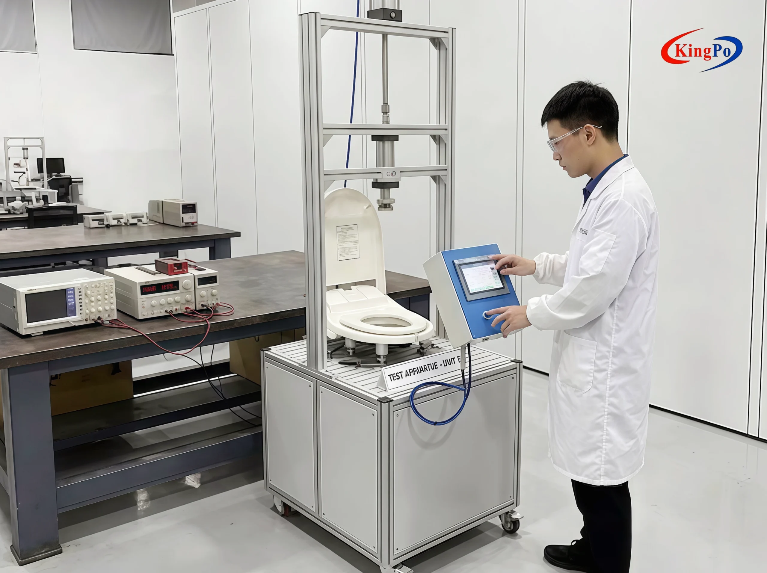 Toilet Seat Endurance Test Apparatus – Laboratory Operator Setting Parameters and Monitoring 1250N Endurance Test per IEC 60335-2-84