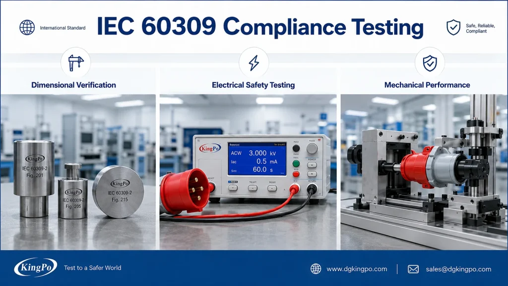 IEC 60309 Connector Guide: Ratings, Configurations, Color Codes & Compatibility 5 IEC 60309 compliance testing equipment for dimensional verification, electrical safety testing, mechanical testing and IP testing