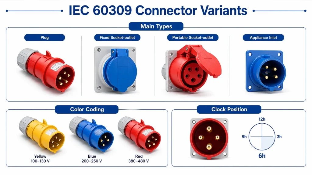 IEC 60309 Connector Guide: Ratings, Configurations, Color Codes & Compatibility 2 IEC 60309 connector variants showing different plug and socket configurations, colors and industrial connection types