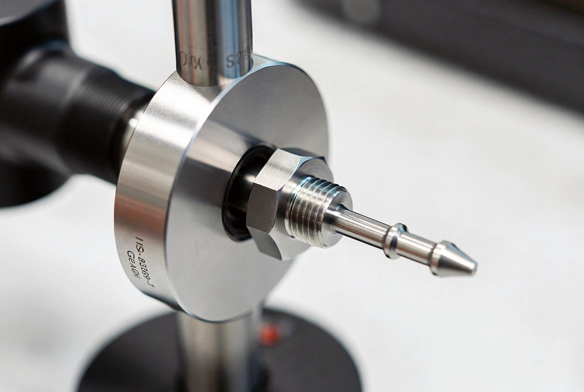 Close-up of KingPo ISO 80369-7 6% Luer Taper Reference Gauge measuring medical connector.
