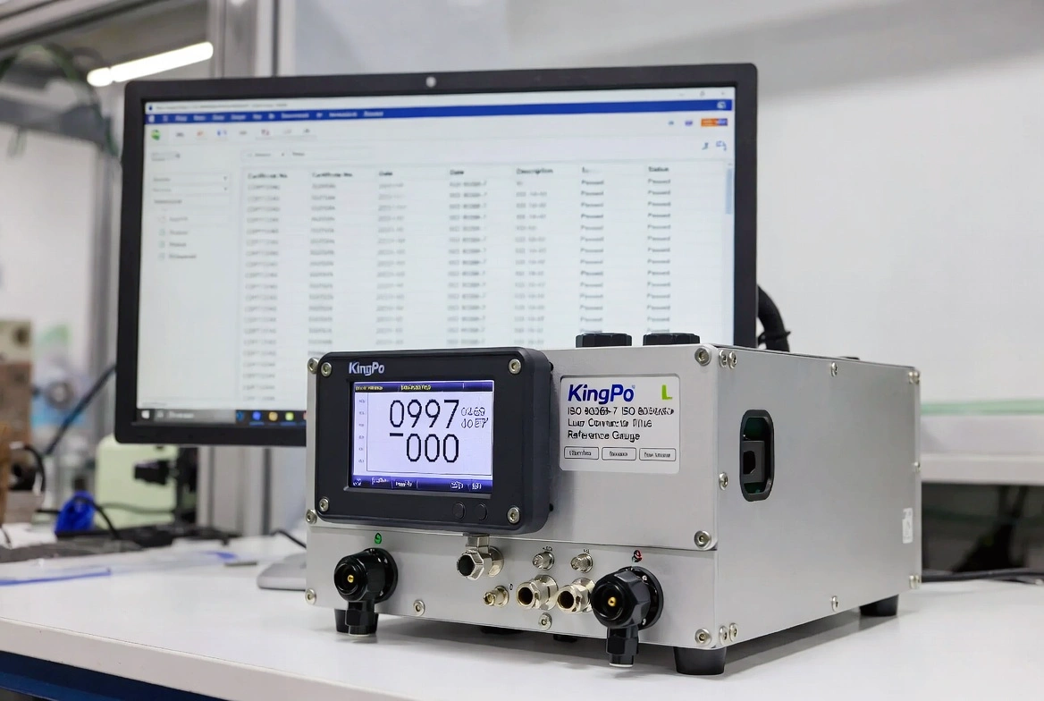 ISO 80369-7 Luer Connector Reference Gauge with digital data monitoring in professional medical testing laboratory.