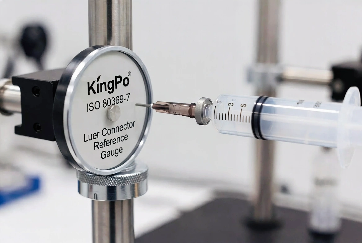 ISO 80369-7 Luer Connector Reference Gauge testing syringe and medical connector.