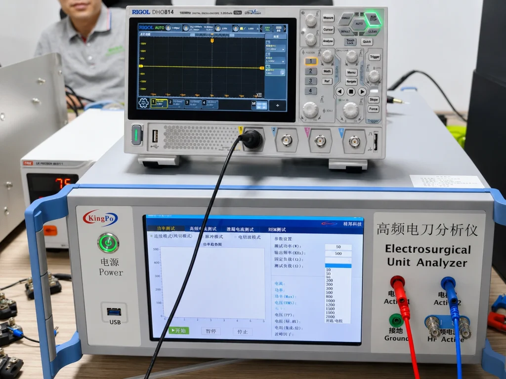 Анализатор KP8850 ESU, подключенный к осциллографу, предназначен для тестирования формы сигнала электрохирургического аппарата в лабораторных условиях.