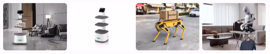 Examples of typical SCIEE service robots, including LG CLOi ServeBot series and other delivery/assistance platforms that have achieved UL 3300 certification