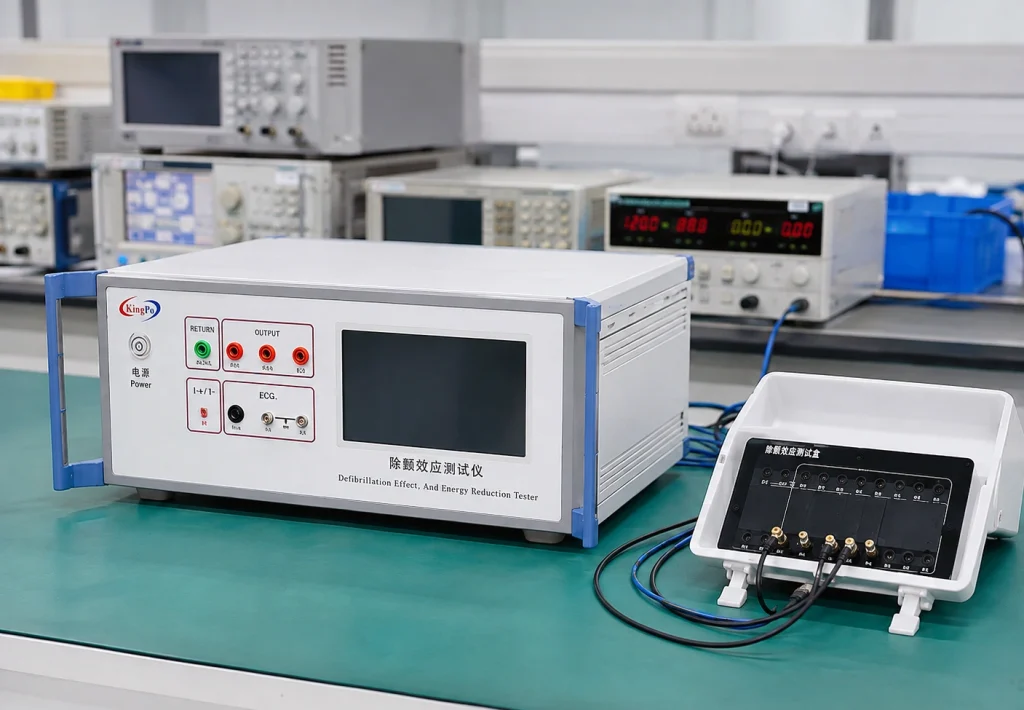 Defib-proof and Energy Reduction Tester test setup with connection box