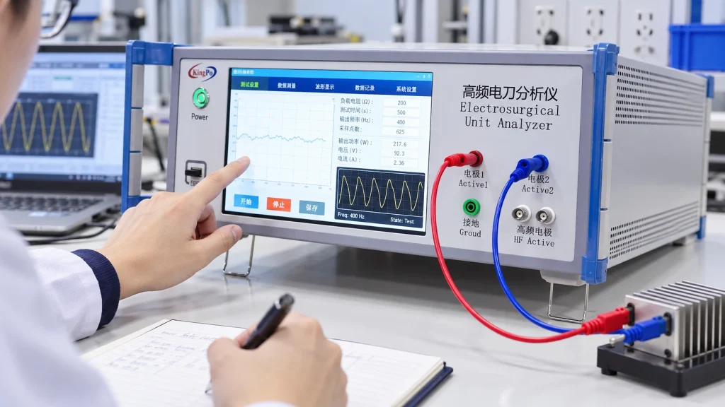 What Is an ESU Analyzer? Electrosurgical Analyzer Guide 7 Laboratory workbench with a KingPo electrosurgical unit analyzer for ESU output testing
