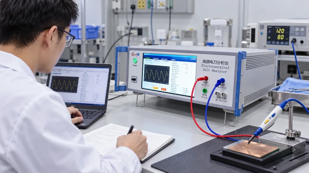 What Is an ESU Analyzer? Electrosurgical Analyzer Guide 4 Infographic explaining how an ESU analyzer works from ESU generator output to measured results