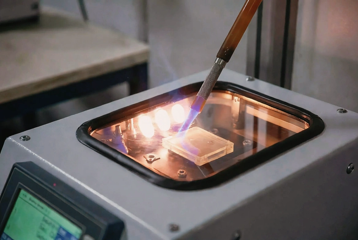 Glow Wire Tester performing IEC 60695 test with heated wire on specimen.