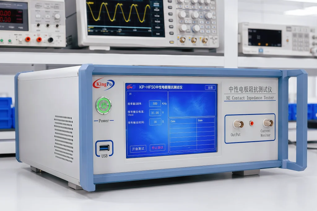 Front view of KingPo KP-HF50 NE contact impedance tester for IEC 60601-2-2 laboratory testing