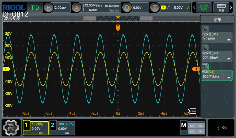 KP-HF50 neutral electrode contact impedance test voltage and current waveforms at 500 kHz