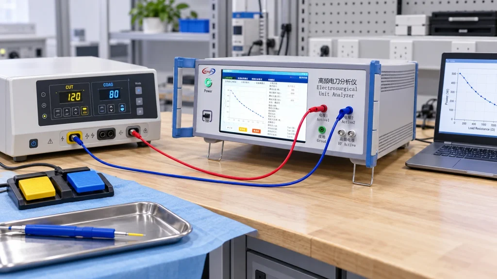 What Is an ESU Analyzer? Electrosurgical Analyzer Guide 3 Infographic showing the core measurements of an ESU analyzer including output power RMS current peak voltage waveform load resistance HF leakage and REM CQM