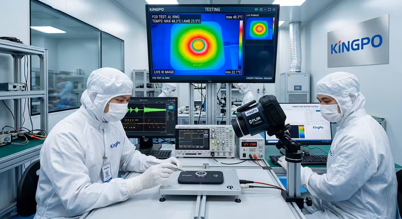 8K high-resolution professional lab image of IEC 62368-1 FOD testing for wireless power transmitters, featuring KingPo Logo, aluminium ring foreign object, infrared temperature monitoring, and hazard-based safety engineering setup.