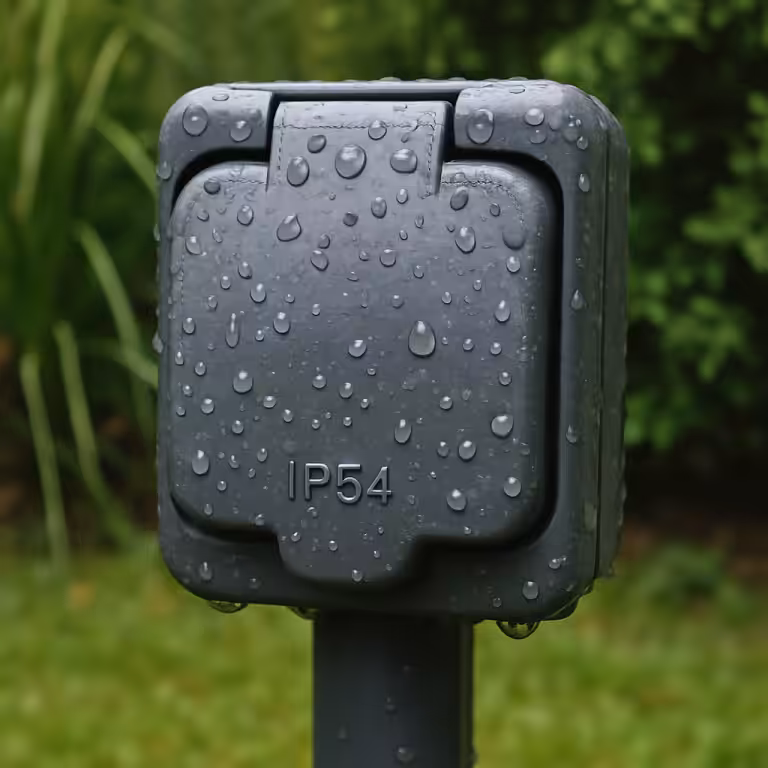 A close-up of an outdoor garden socket with raindrops on the casing but a clear IP54' label visible