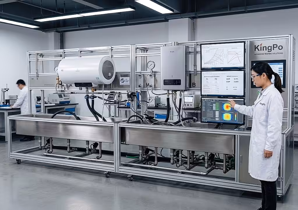 Water Heater Performance Tester – KingPo IEC 60335-2-21 Compliant Dual Station Equipment for Horizontal/Vertical Electric Storage Water Heater Heating and Safety Testing