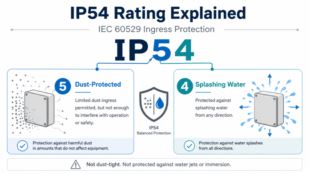 Two-digit breakdown showing 5 as dust-protected and 4 as protected against splashing water from any direction, with a note that IP54 is not dust-tight, jet-proof or immersion-proof. IP54 rating explained with IP5X dust protection and IPX4 splashing water protection under IEC 60529