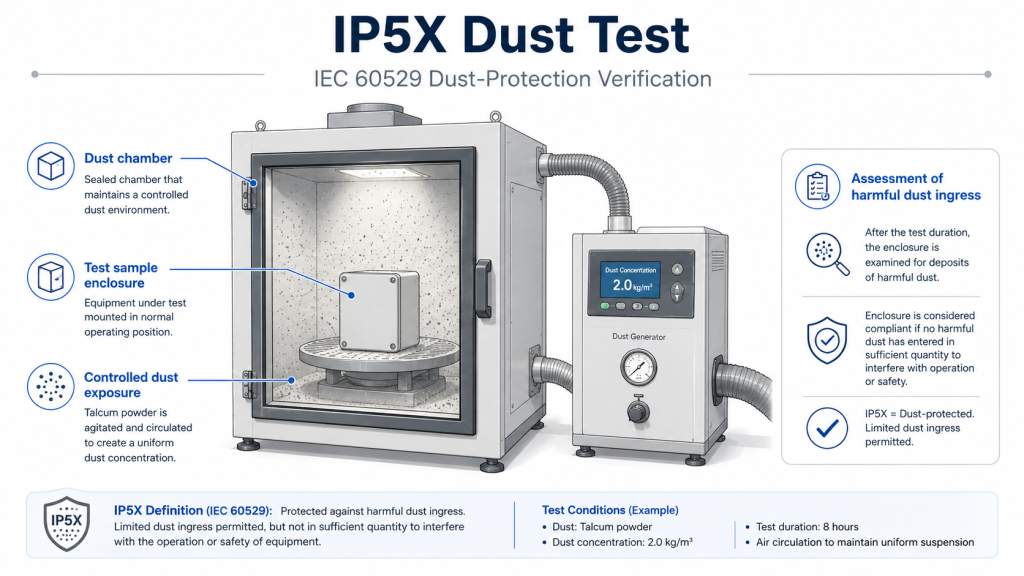 Technical laboratory scene showing a representative enclosure inside a controlled dust chamber, with callouts for the sample, dust exposure and post-test assessment. IP5X dust test chamber with enclosure sample for IEC 60529 dust protection verification