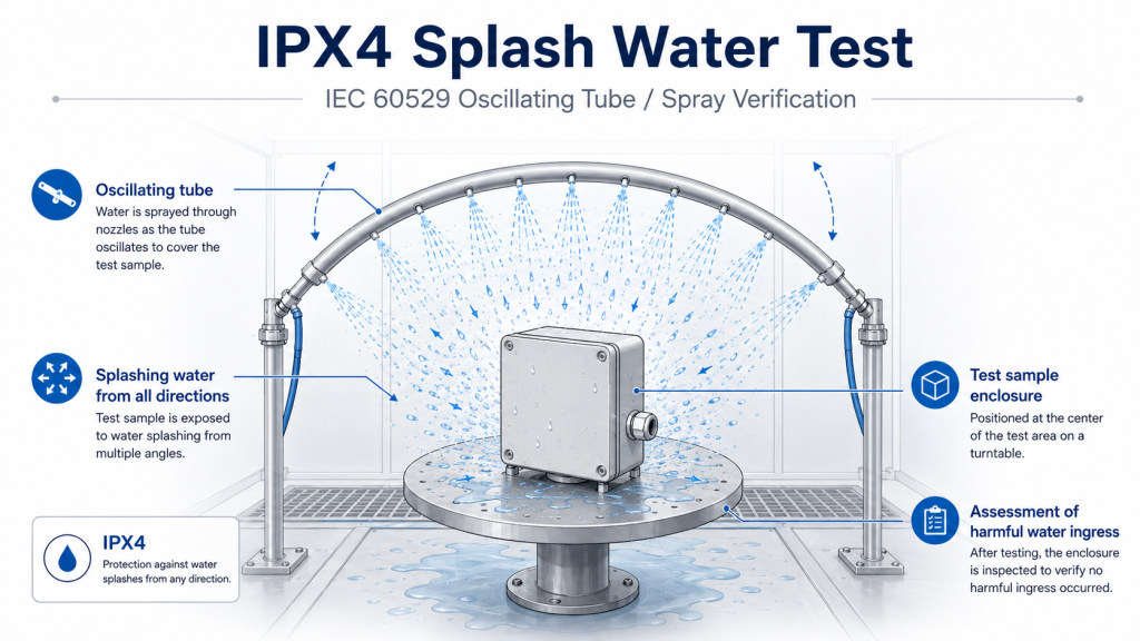 IPX4 oscillating tube splash water test for enclosure protection under IEC 60529