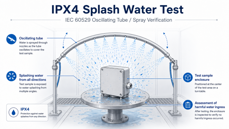 IPX4 oscillating tube splash water test for enclosure protection under IEC 60529