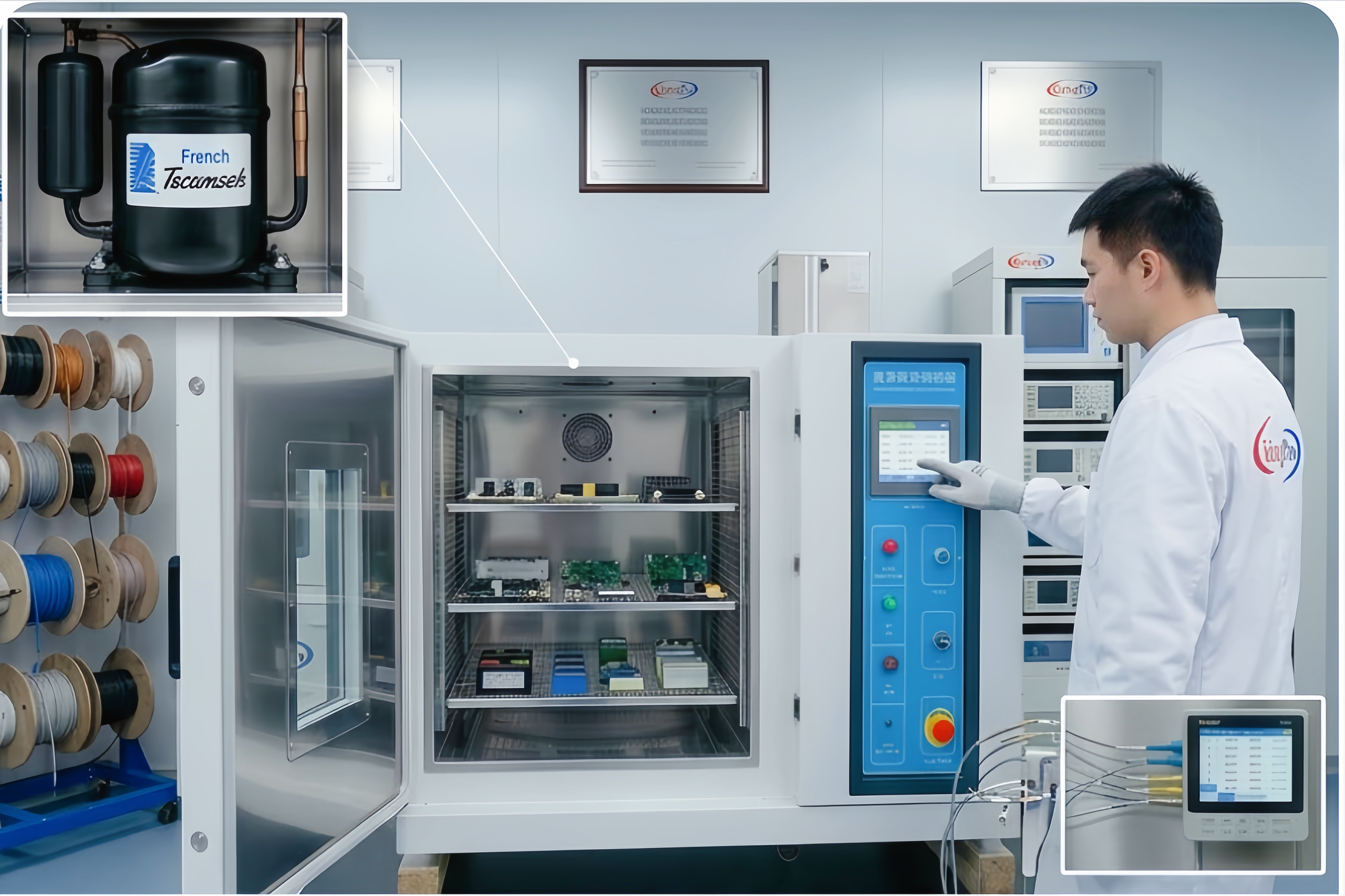 KingPo specific senior engineer performs multi-point PT100 temperature and humidity calibration inside High-Capacity Environmental Test Chamber for complex medical equipment compliance verification, larger-scale sensors and data loggers.