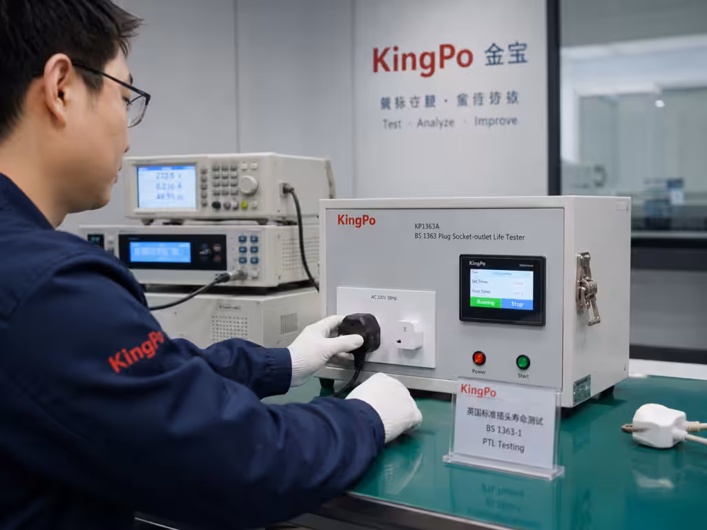 KingPo laboratory testing scene with BS 1363 plug under test