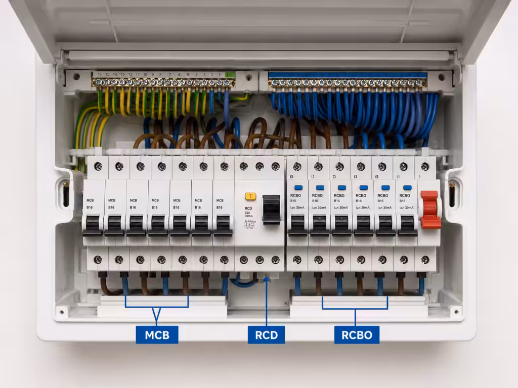 Modern Consumer Unit with MCBRCDRCBO clearly labeled
