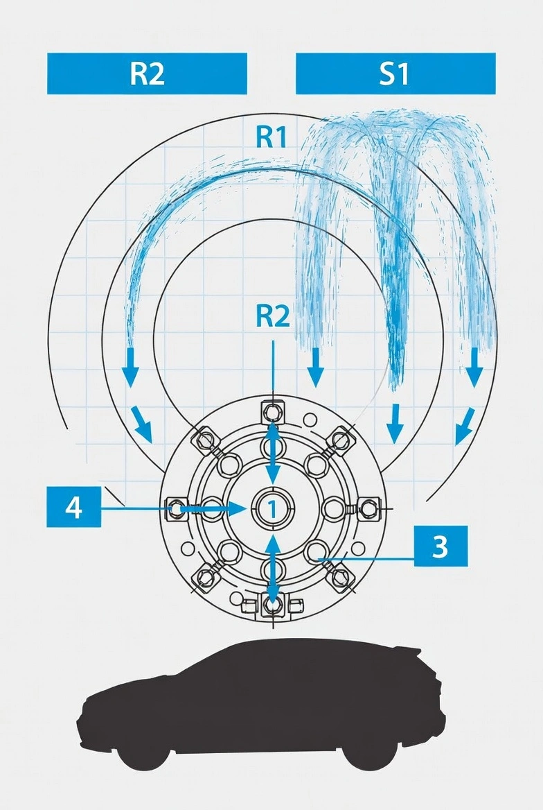 How to Perform Rain Spray Test Chamber Testing for JIS D0203 Automotive Waterproof Compliance? 2 Clean technical diagram illustrating R1/R2 sprinkling and S1/S2 high-pressure spray patterns from the rain test spray head, labeled nozzles, water flow arrows, automotive part silhouette, blue and white technical illustration style, high clarity.