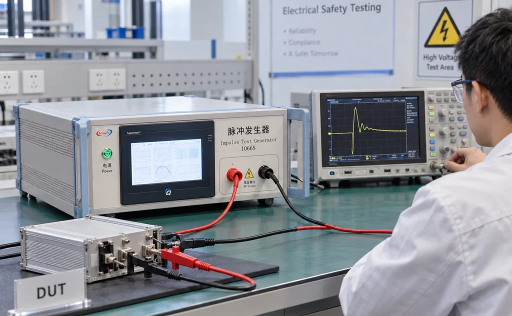 Impulse Test Generator for IEC 62368-1: Waveforms, Test Circuits and DUT Loading 5 Engineer monitoring an IEC 62368-1 impulse test on a DUT using an impulse generator and oscilloscope