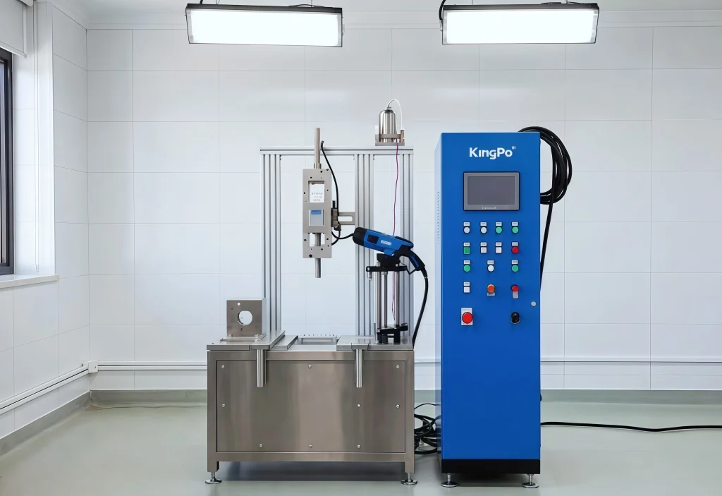 Professional wide 4:3 landscape view of KingPo EV Charger Cable Test Equipment in a clean, modern testing laboratory. Full view showing the complete testing station with charging gun fixture, pull torque mechanism, blue control panel, stainless steel construction, bright LED ceiling lights, white floor, realistic high-resolution product photography style.