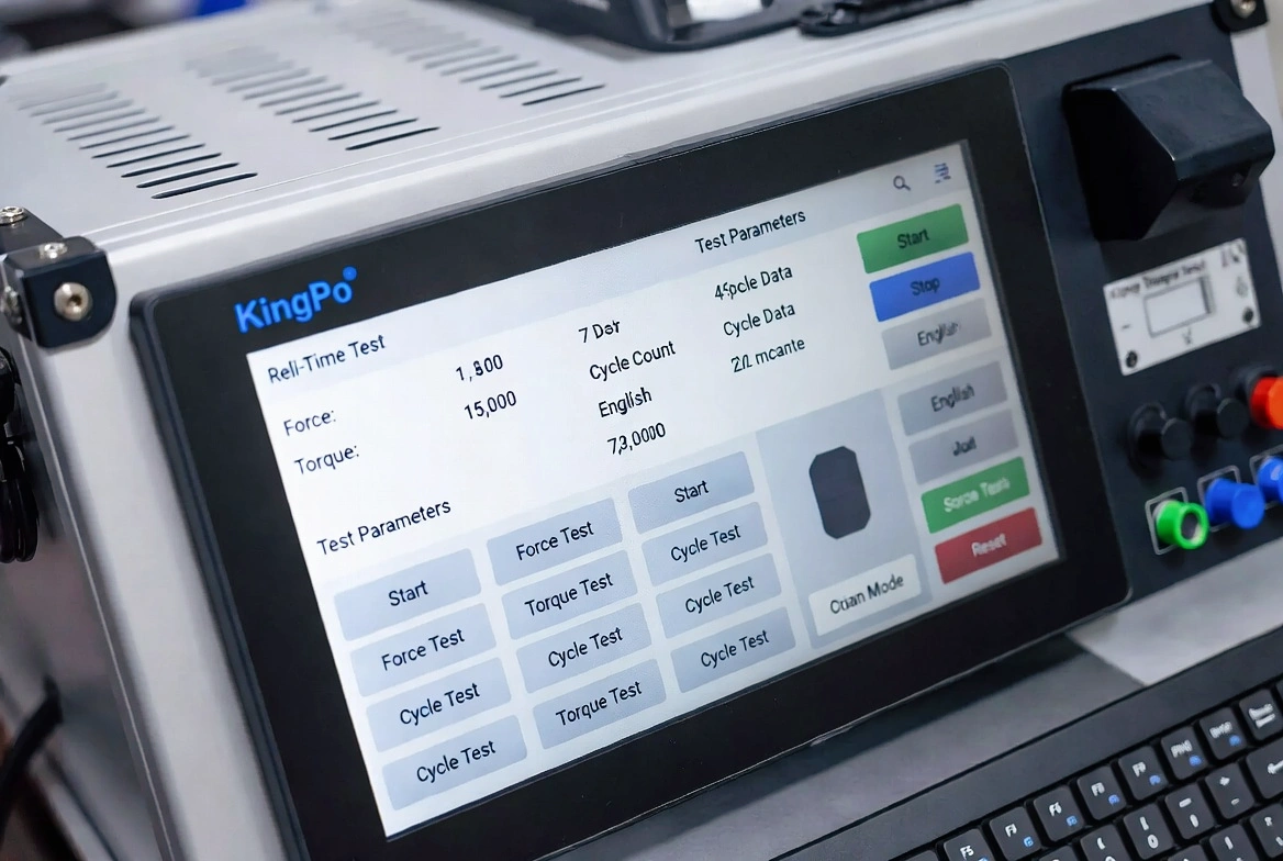 How to Test an EV Charger: Complete Guide to IEC 61851-23 & UL 2251 Compliance 4 4:3 landscape post-test view of automotive charging cable connector after pull torque test inside KingPo EV charger tester equipment. Clean seal with no damage visible, realistic inspection scene with soft lab lighting, professional high-resolution photography.