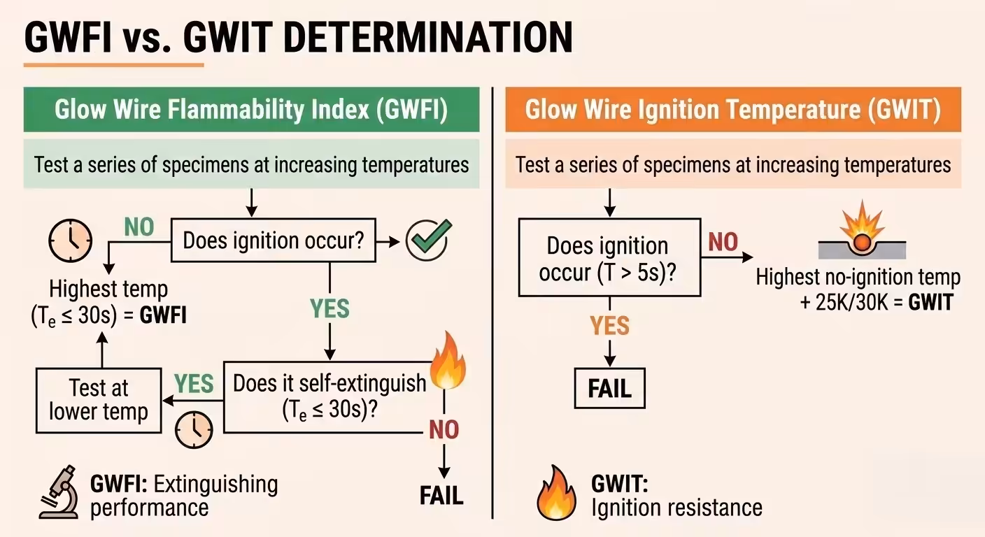 Glow wire test apparatus setup and testing principle diagram showing constant force and heat application