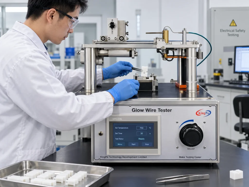 Glow Wire Test Guide: IEC 60695 Procedure, GWFI, GWIT and GWEPT 2 Laboratory technician preparing a plastic specimen on an open glow wire test apparatus