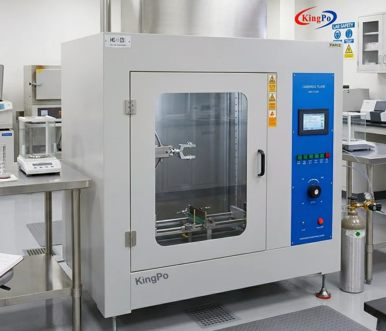 KINGPO KP-FT04 Horizontal Vertical Flame Tester in modern professional laboratory – UL94 flammability testing equipment.