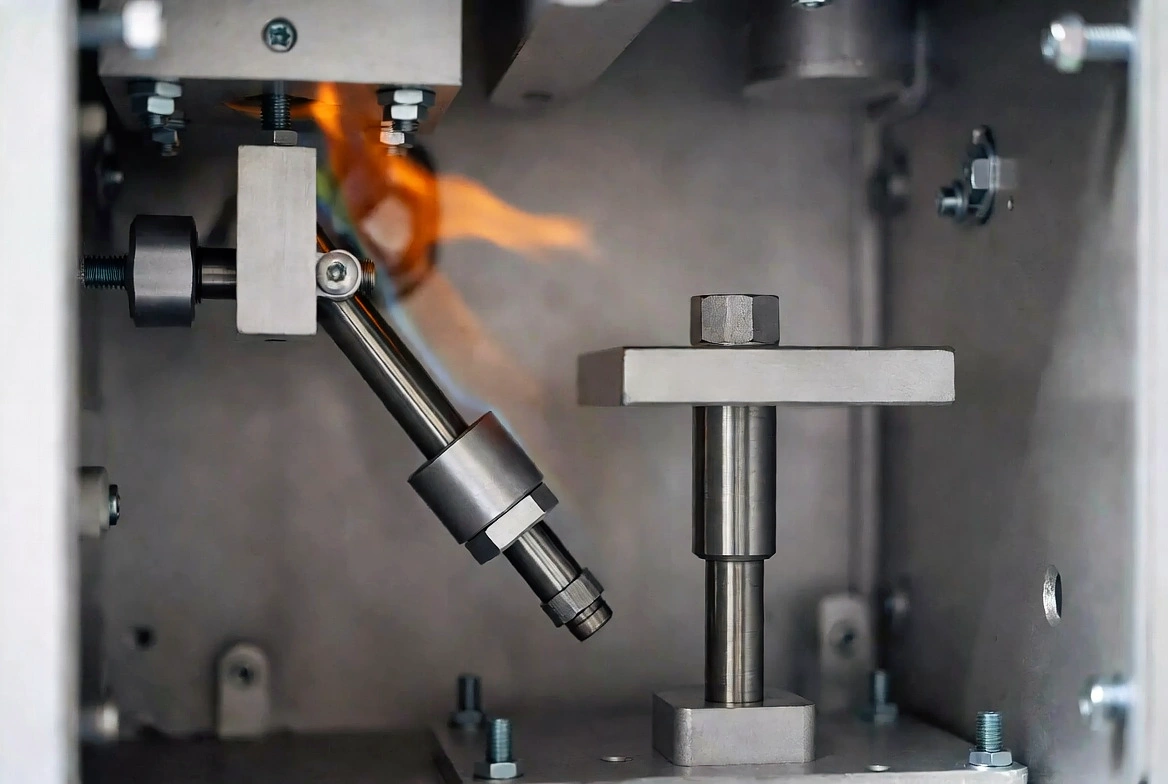 Precision burner and specimen holder of KINGPO KP-FT04 Horizontal Vertical Flame Tester for accurate UL94 testing.