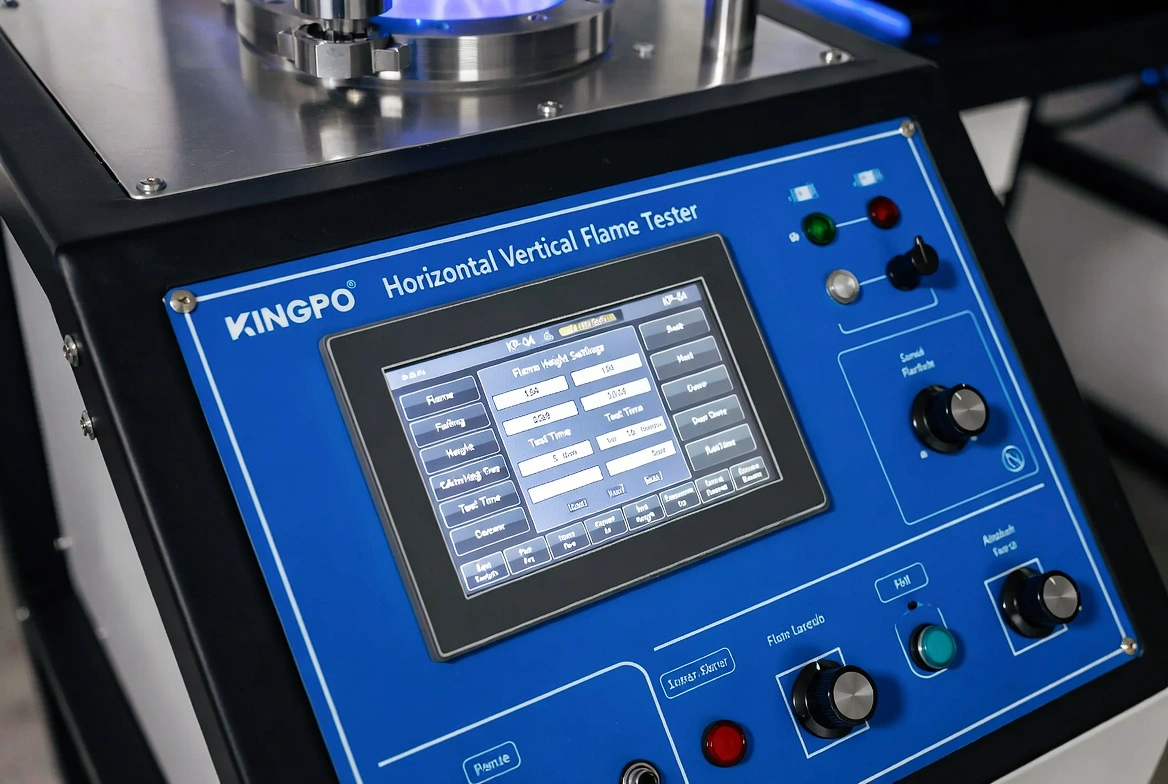 Control panel and touchscreen of KINGPO KP-FT04 Horizontal Vertical Flame Tester – precise flame calibration and real-time monitoring.