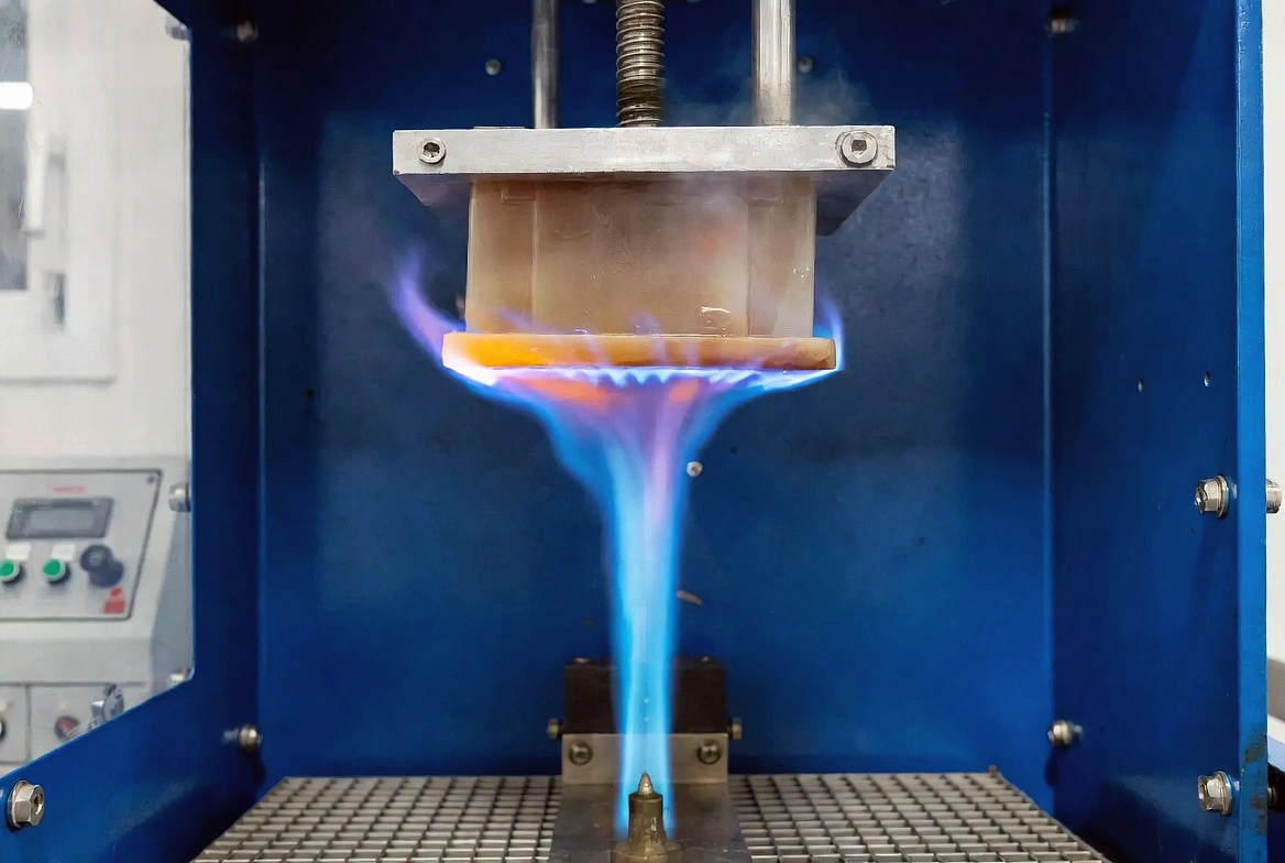 Vertical flame test in progress inside KINGPO KP-FT04 Horizontal Vertical Flame Tester – UL94 V-0 V-1 V-2 testing.