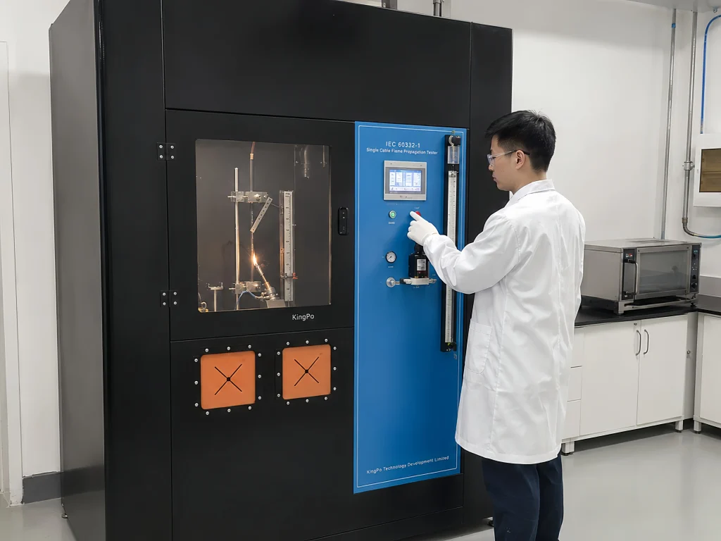 Single cable vertical flame propagation testing in progress using IEC 60332-1 equipment – KingPo