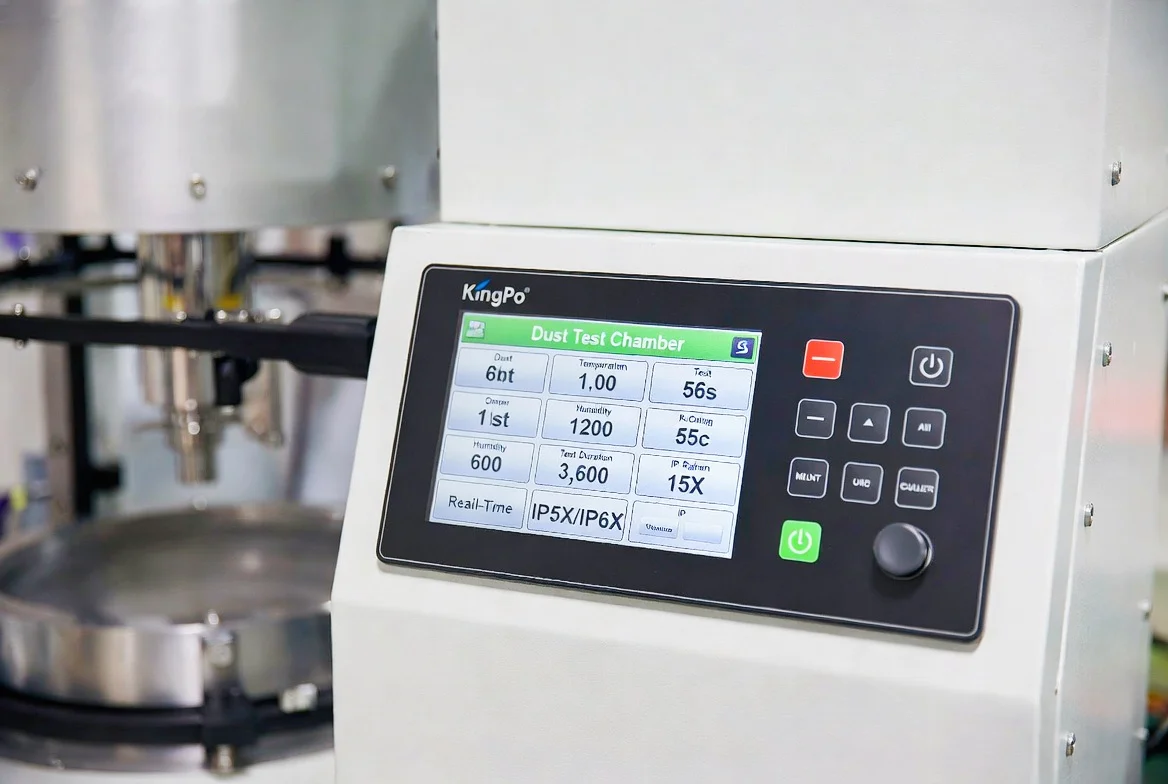 Close-up of KingPo Dust Test Chamber professional touchscreen interface showing IEC 60529 parameters