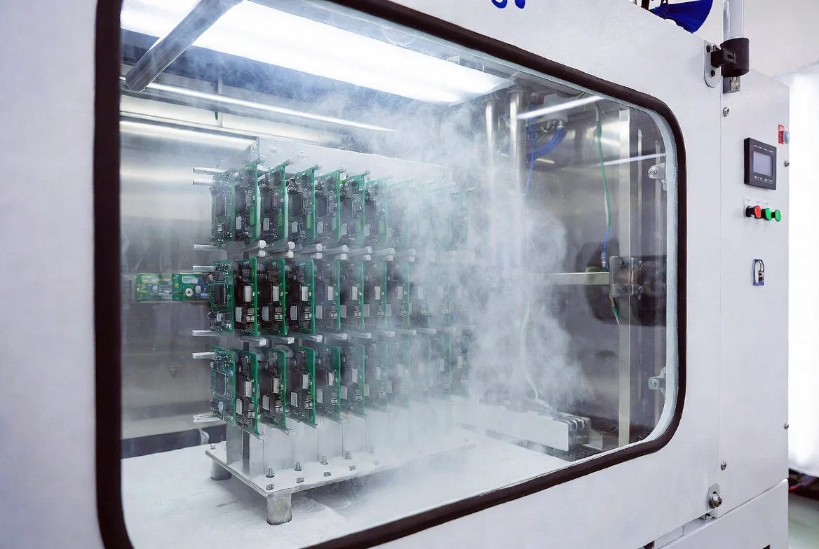 KingPo Dust Test Chamber testing circuit boards for IP5X/IP6X compliance in clean professional lab.