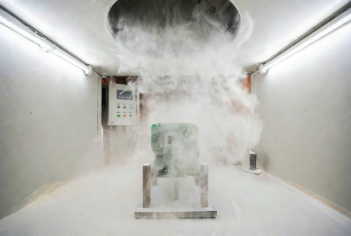 KingPo Dust Test Chamber during active IEC 60529 IP6X dust test with uniform talcum powder.